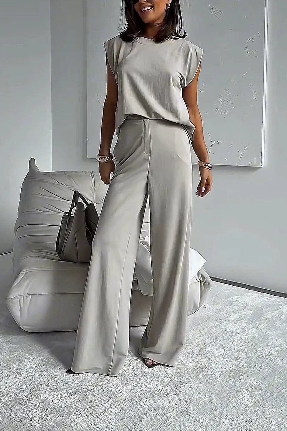 Women'S Stylish Casual Comfortable Short-Sleeved Top And Suit Pants Two-Piece Set