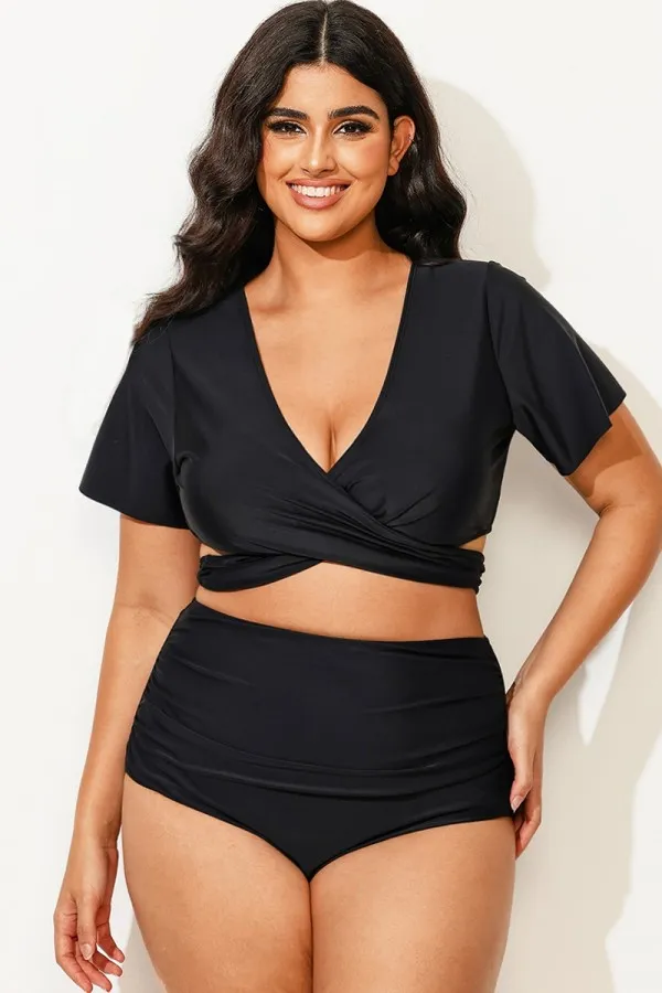 Black Solid V-Neck Ruched Bikini Top