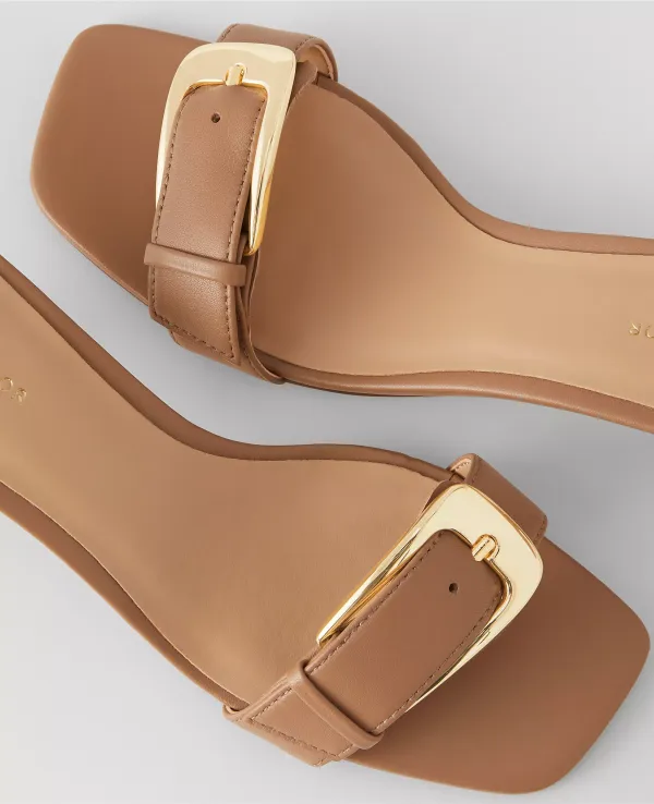 Chunky Buckle Leather Kitten Heel Sandals