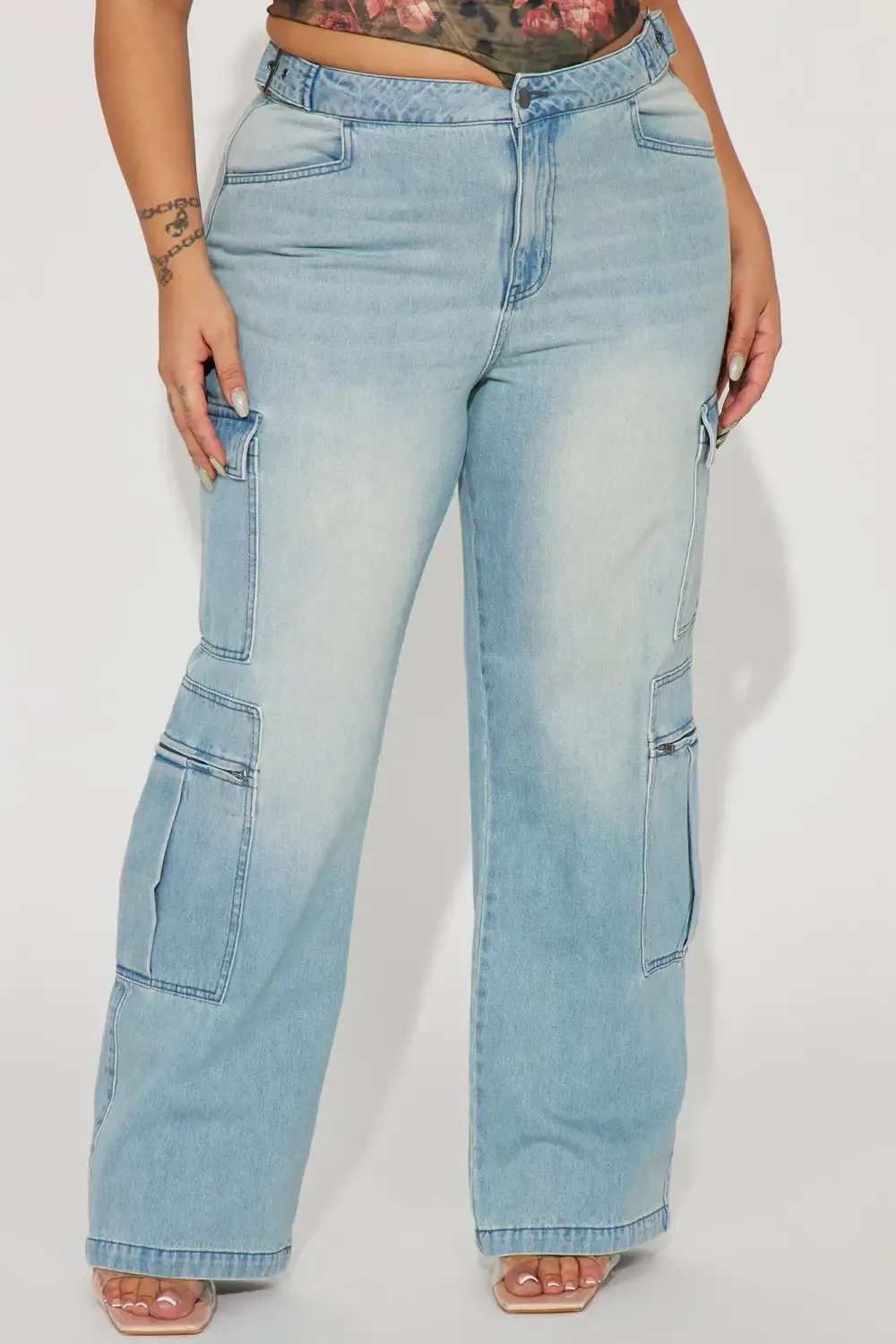 Just Once Tinted Baggy Cargo Jeans - Light Wash
