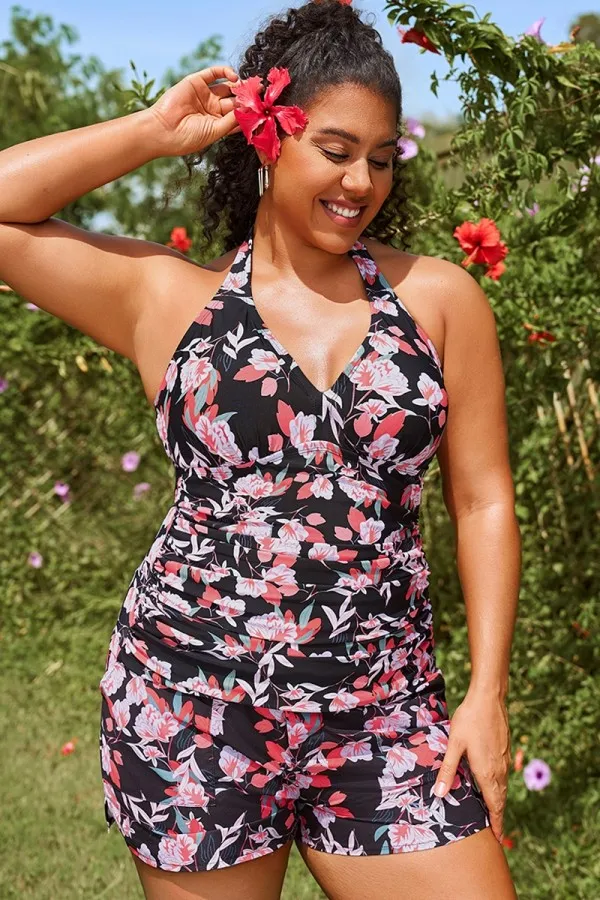 Tie-Dye Printed Self-Tie Halter Shirred Tankini Top