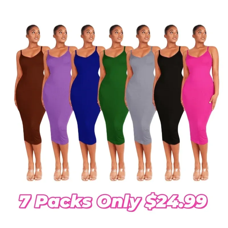 Seamless Spaghetti Strap V Neck Maxi Dress with Built-in Bodycon