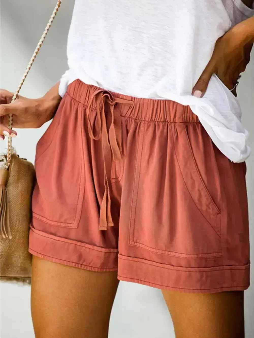 Solid Color Women Casual Loose Plain Shorts Plus Size Bottom