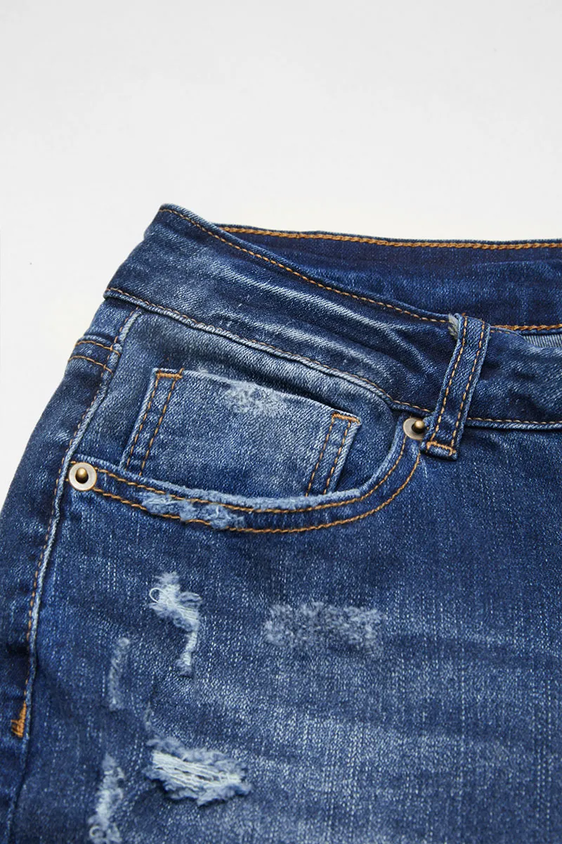 Ripped Raw Hem High Rise Denim Bermuda Shorts