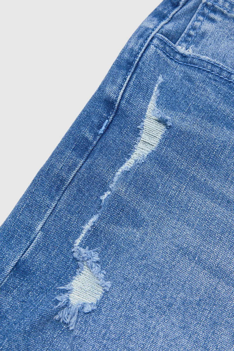 Wash Raw Hem Ripped Mid Waist Straight Leg Denim Bermuda Shorts