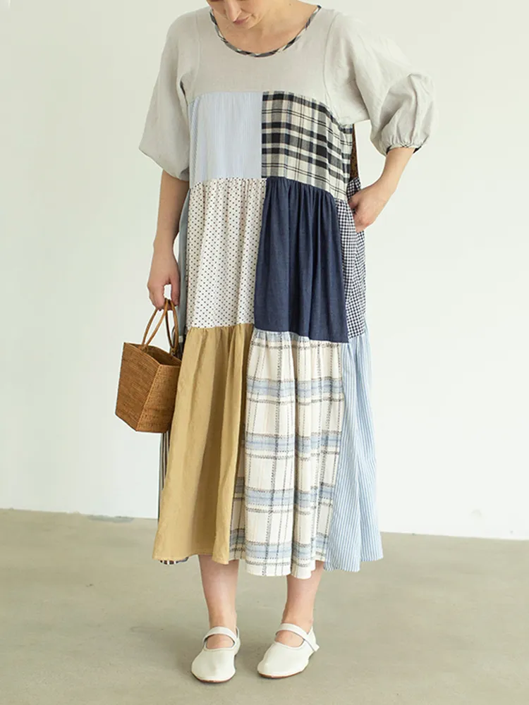 Women’s Vintage Plaid Patchwork Art Mixi Dress