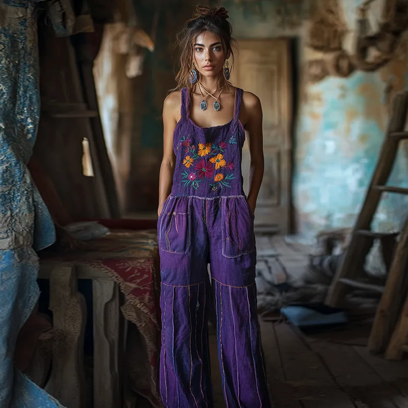 Vintage Floral Embroidered Art Linen Blend Loose Casual Jumpsuit