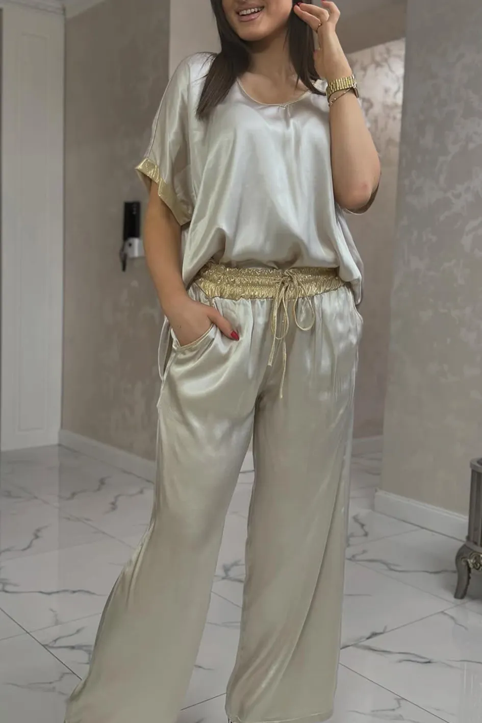 Women'S Contrast Color Stitching Smooth Top And Pants 2-Piece Set