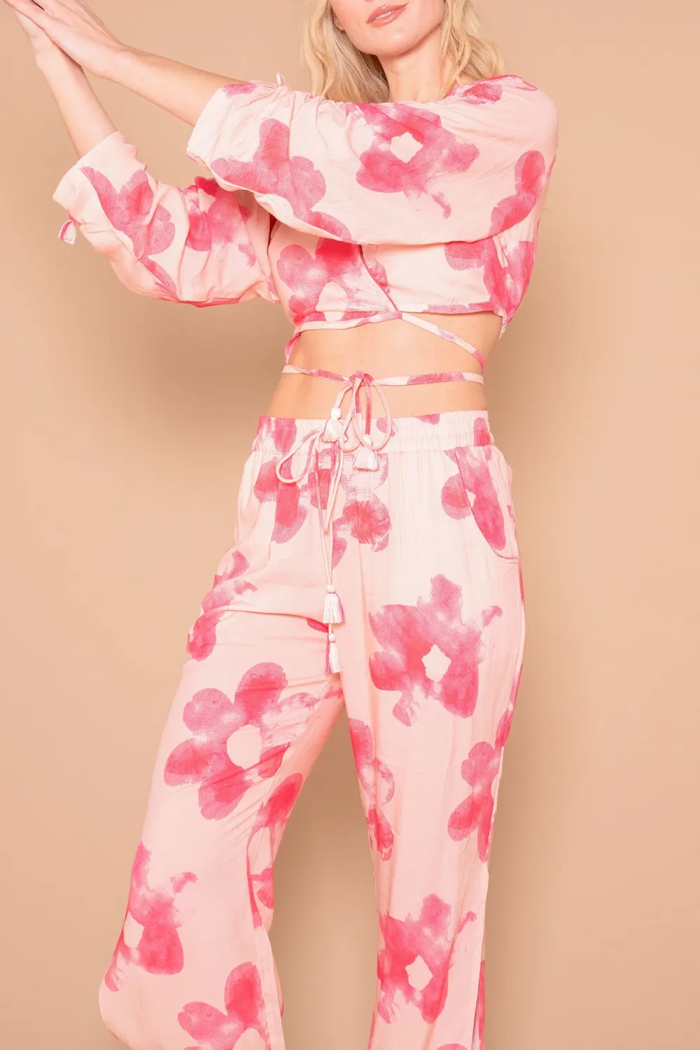 Pink And Red Tropical Print Wrap Crop Top