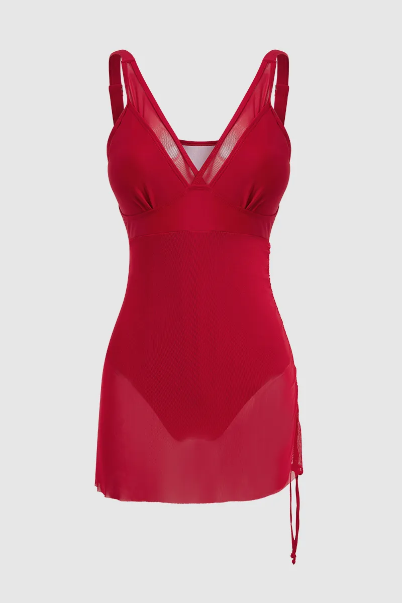 Solid Contrast Mesh Drawstring Side Plunging Neck One Piece Swimsuit