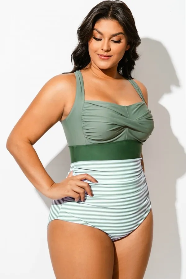 Green Striped Twist Front Skinny One Piece Swimsuit