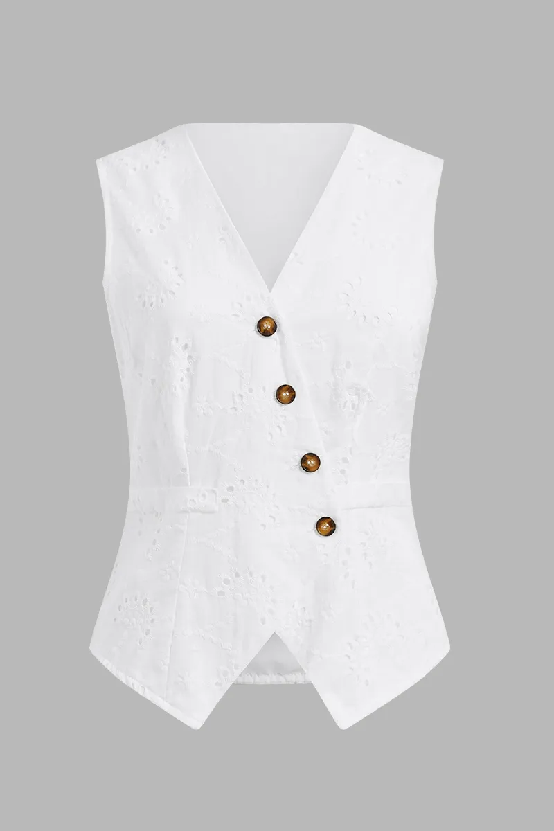 Solid Eyelet Embroidery Button Front V Neck Asymmetrical Vest