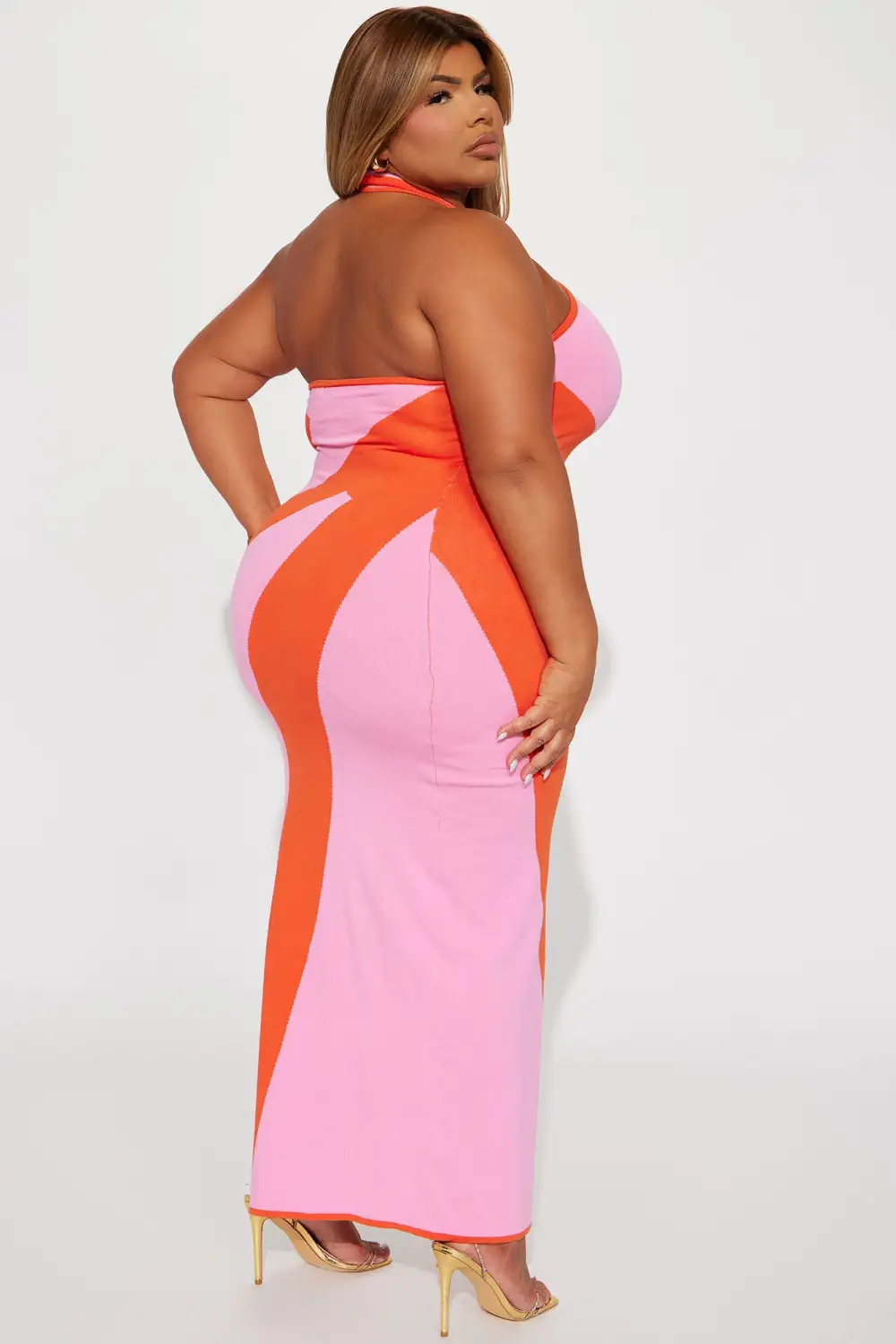 Abstract Halter Maxi Dress - Orange/combo