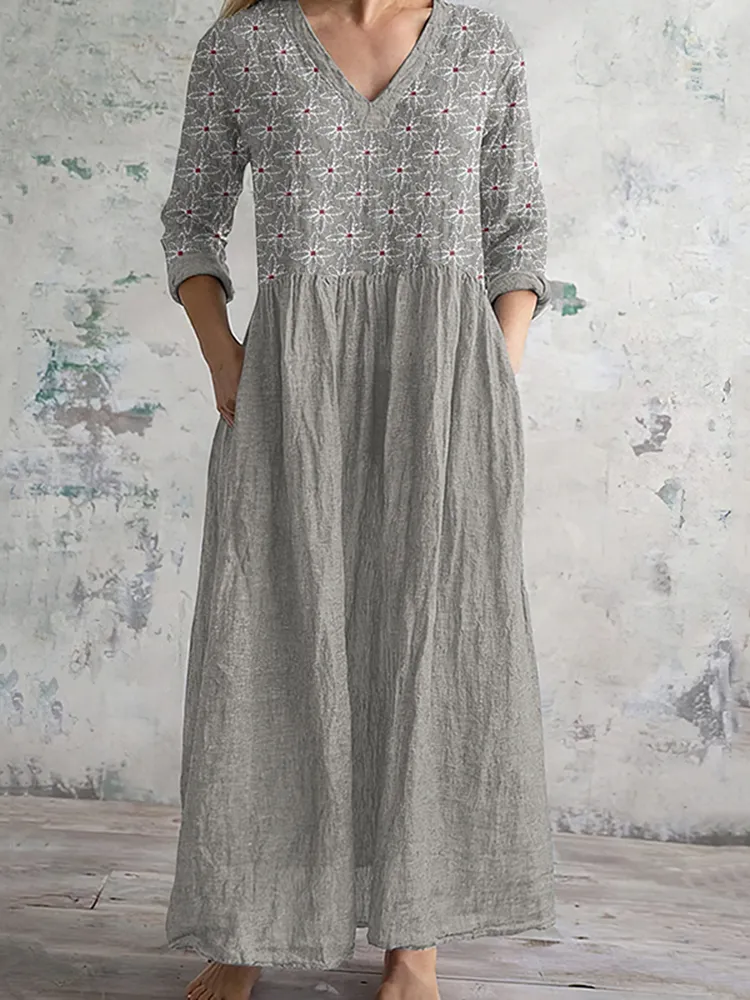 Vintage Floral Embroidered Art Women's Linen Dress