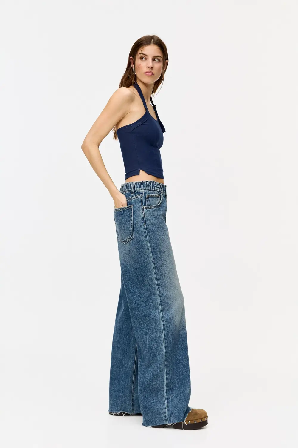 Jeans baggy wide leg cintura elástica