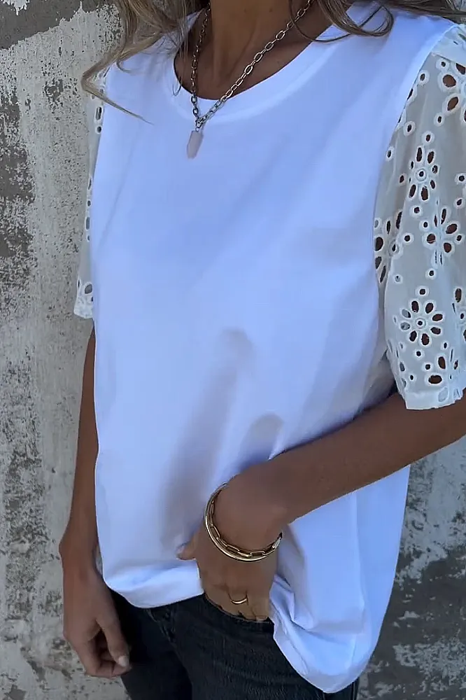 Women's solid color spliced hollow T-shirt