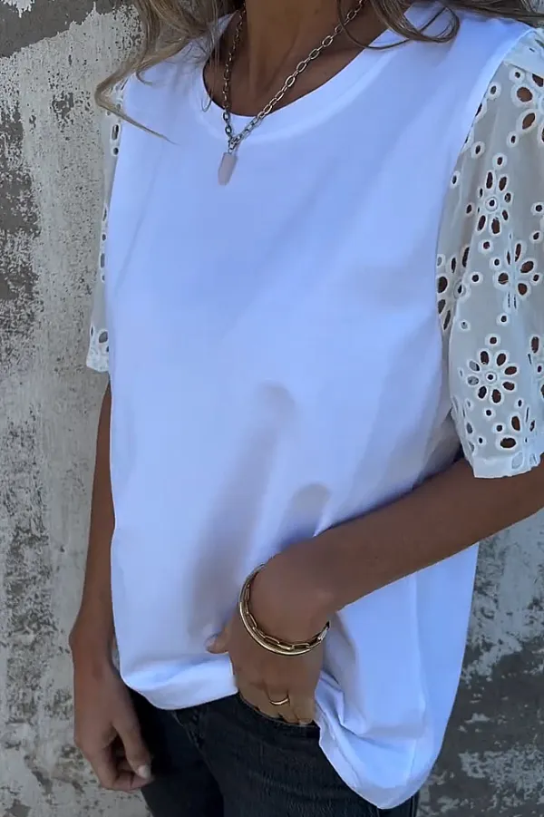 Women's solid color spliced hollow T-shirt
