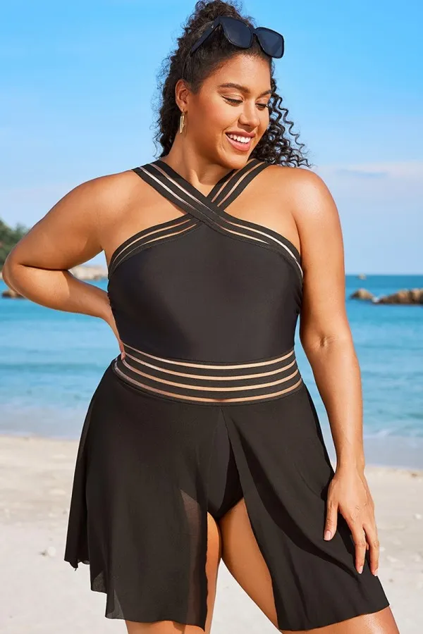 Black Crossover Mesh Vintage One Piece Swimsuit