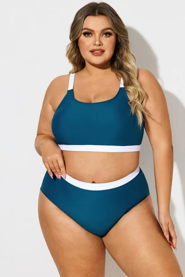 Plus Size Blue & White Colorblock Bikini Top