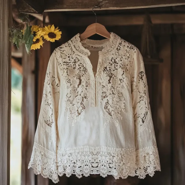 Women's Retro Floral Lace Embroidery Art V-neck Shirt