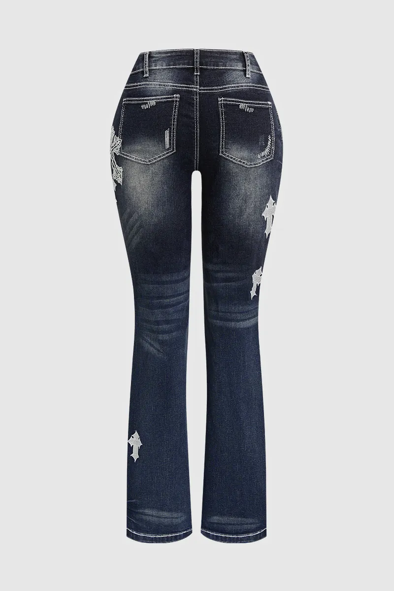 Wash Cross Embroidery Low Rise Bootcut Jeans