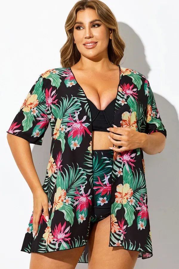 Loose Tropical Print Short Sleeve Cover Up