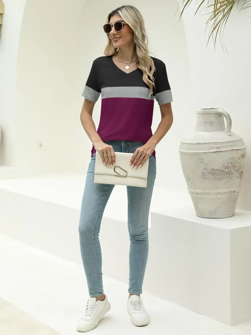ORANDESIGNE Women's Color Block Short Sleeve T Shirts Casual V Neck Summer Tops Tees Loose Fit Blouses