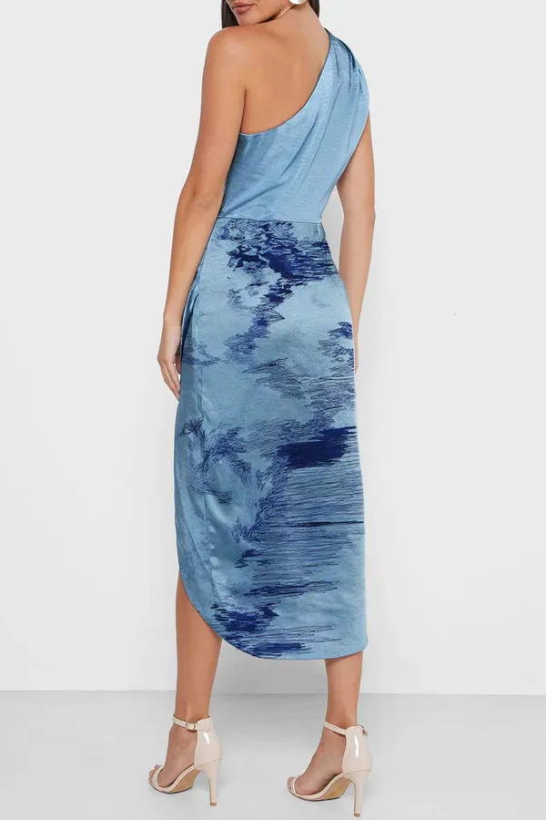 High Slit One Shoulder Satin Cocktail Party Dress - Dusty Blue