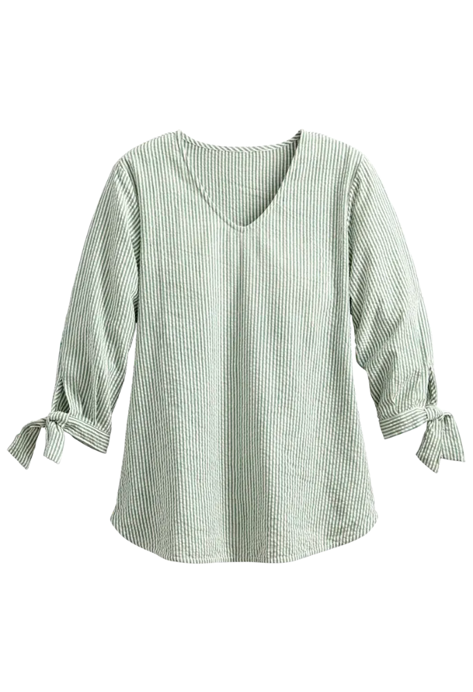 Seersucker Tunic Top With Tie Cuffs