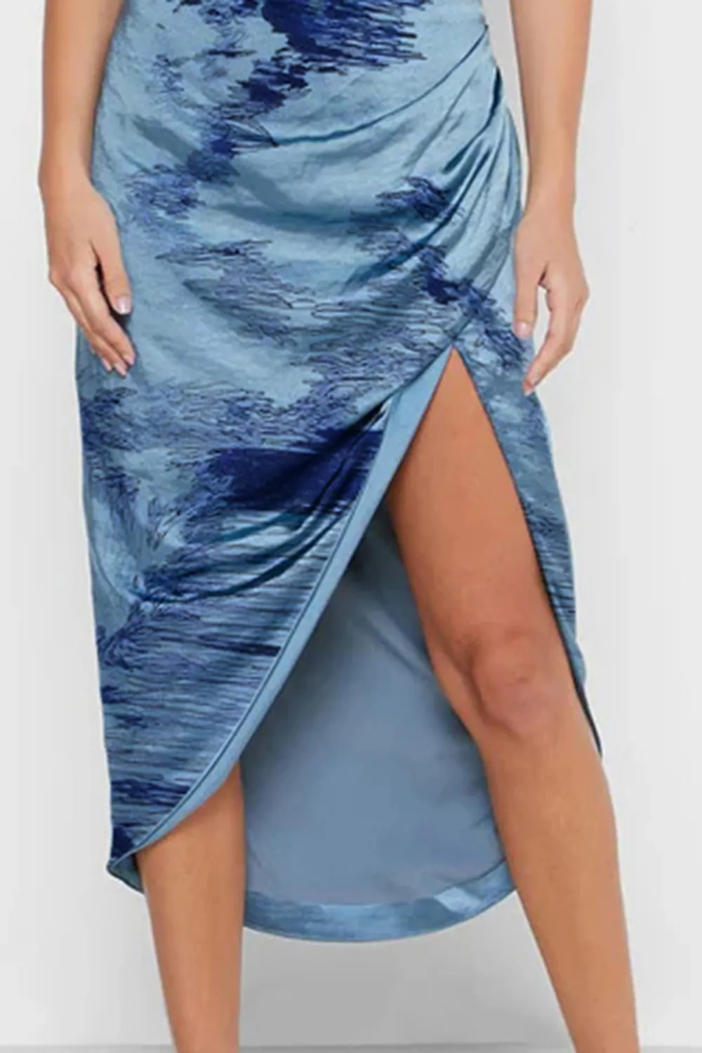 High Slit One Shoulder Satin Cocktail Party Dress - Dusty Blue