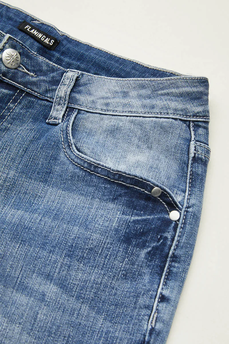 Embroidered Pocket Buttoned Hem Mid Waist Bootcut Jeans Without Belt