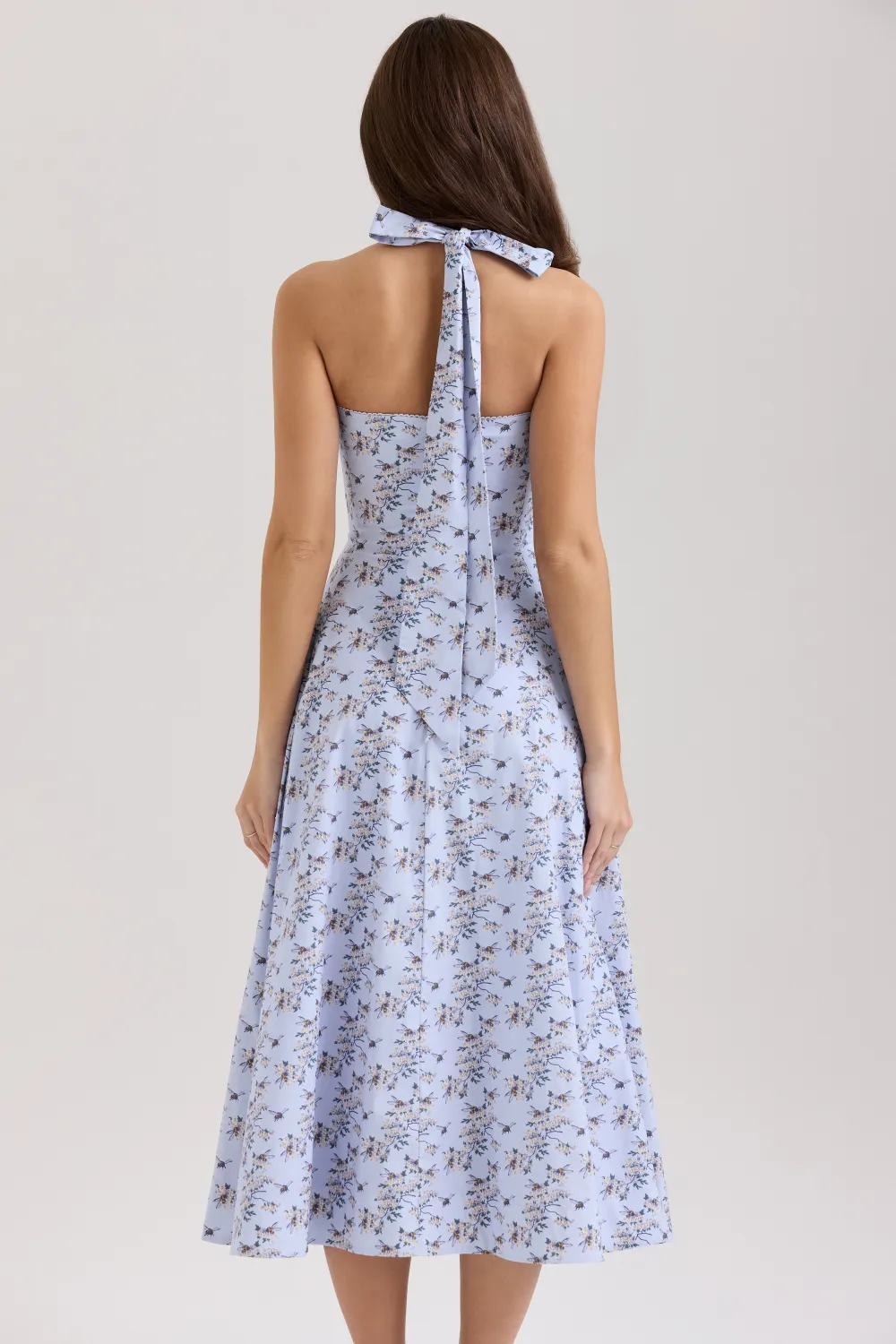 Blue Floral Print Stretch Cotton Halter Neck Midi Dress