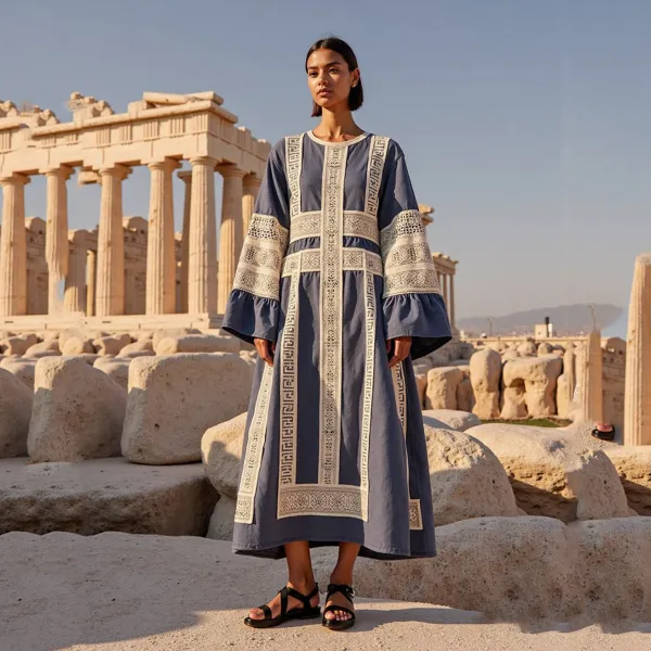 Vintage Greek Key Crew Neck Linen Midi Dress