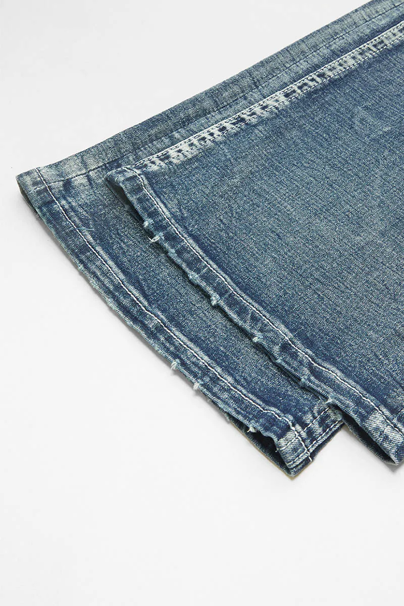 Wash Stretchy Ripped Detail Mid Waist Flare Jeans