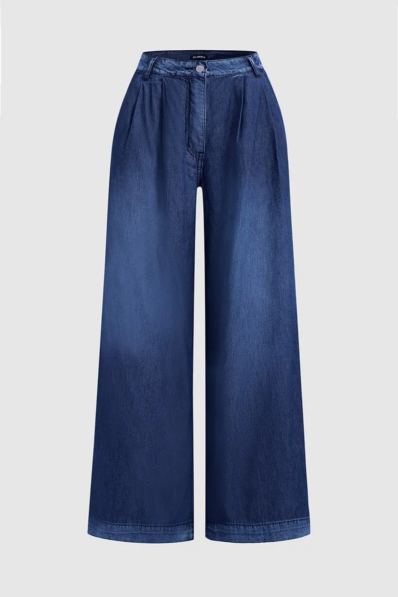 Wash Pleated Detail Wide Leg Mid Rise Jeans