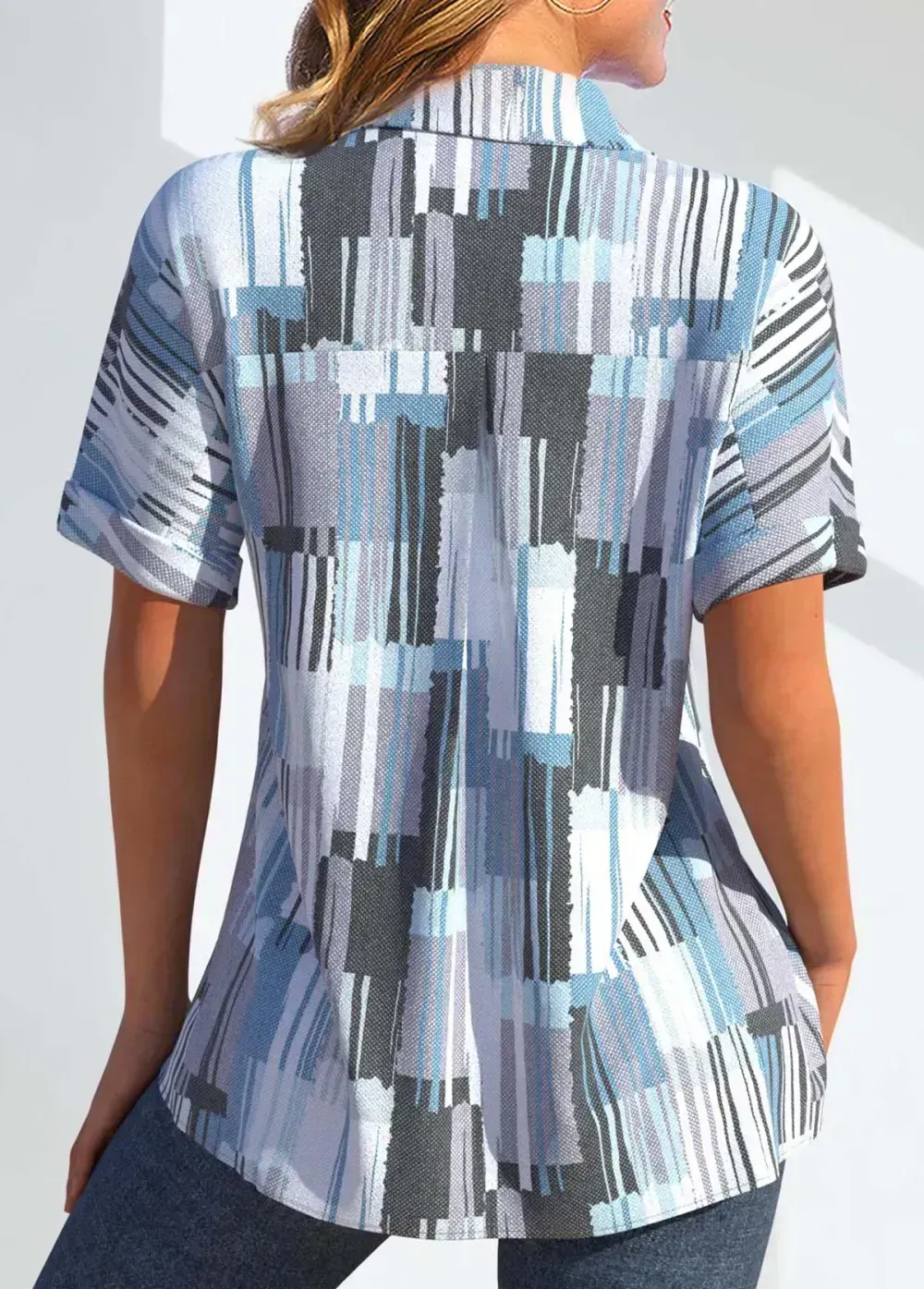 Denim Blue Pocket Short Sleeve Shirt Collar Blouse