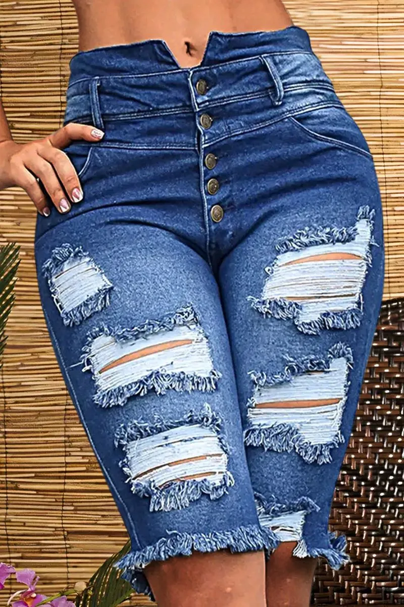 Ripped Button Fly Notched Waist Raw Hem Denim Bermuda Shorts