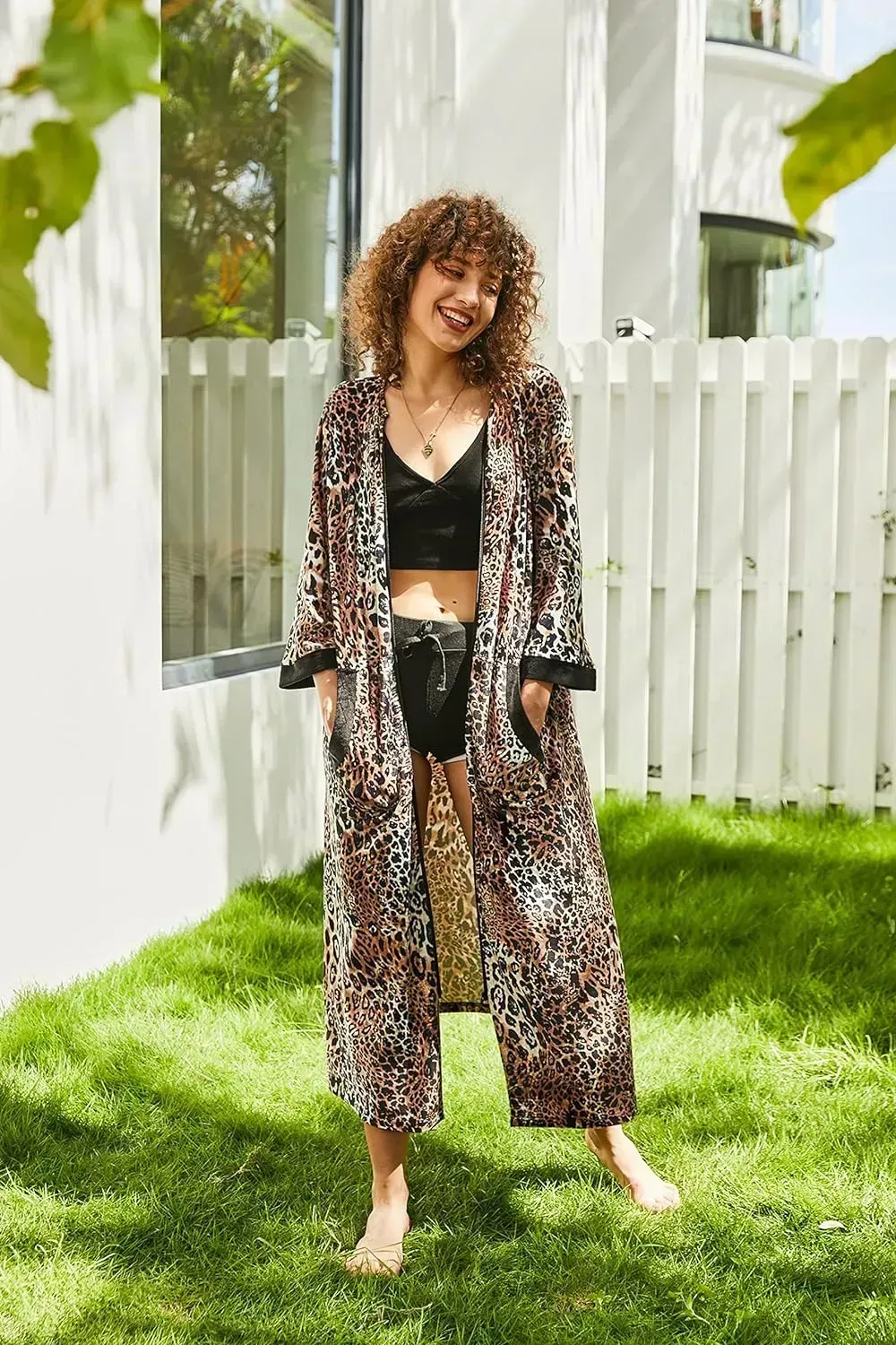 Women Zipper Robe 3/4 Sleeves Loungewear Dress Full Length Sleepwear Pockets Housecoat Nightgown Long Bathrobe