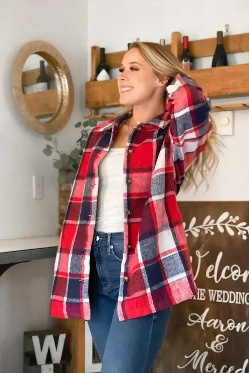 Women's 2023 Fall Clothes Plaid Shacket Jacket Long Sleeve Button Down Flannel Shirts Fashion Blouse