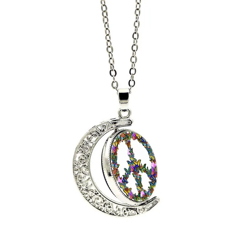 Peace logo time crystal pendant Vintage sweater chain