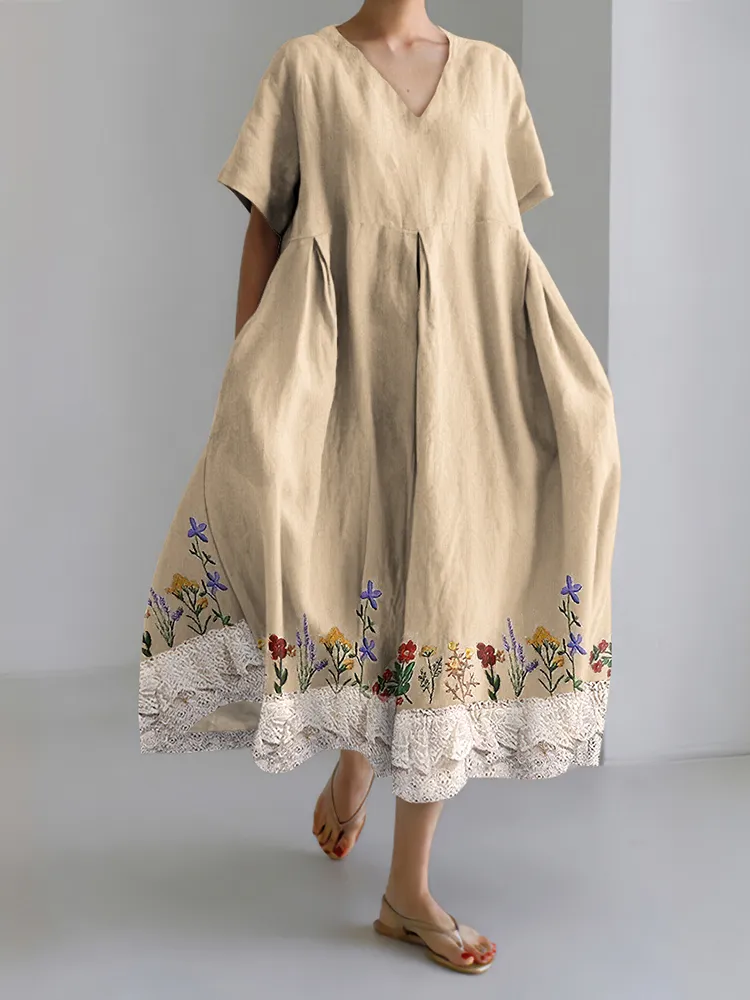 Vintage Floral Embroidered Lace Linen Blend V-neck Dress