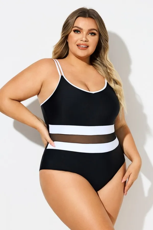 Plus Size Black & White Mesh One Piece Swimsuit