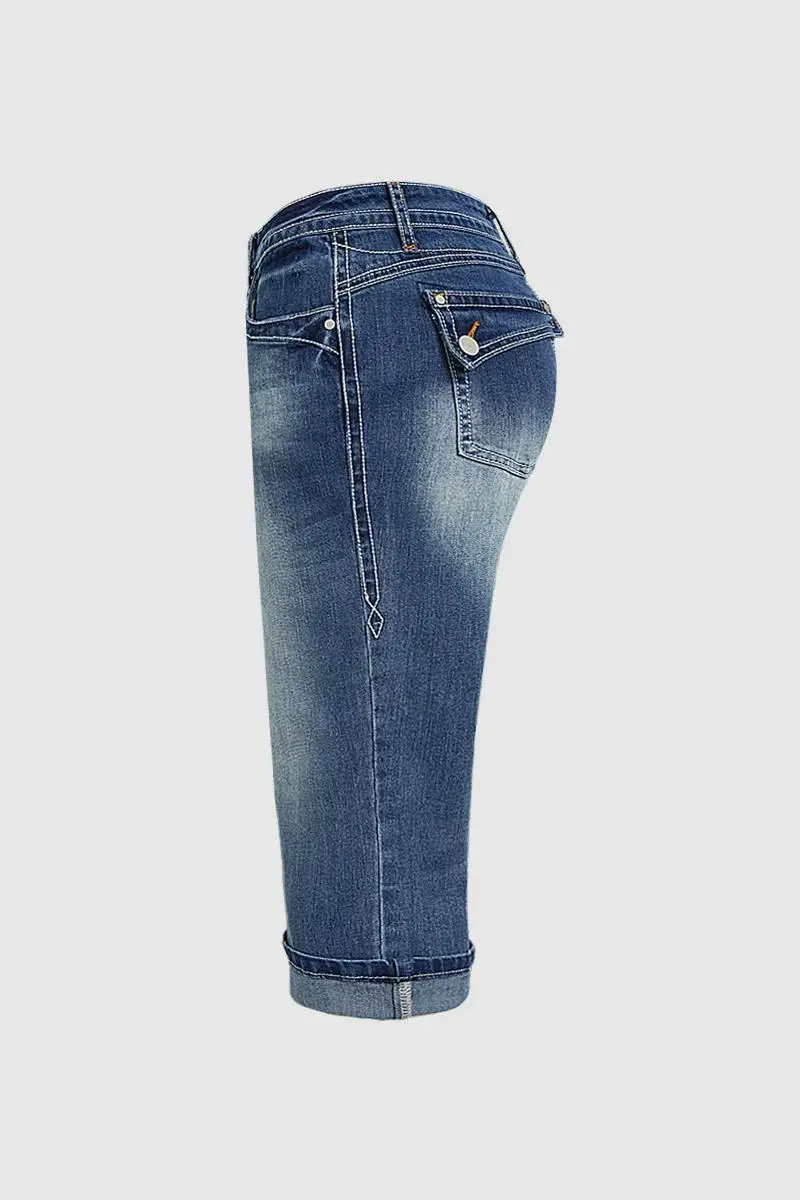 Wash Flap Pocket Roll Hem Low Rise Straight Leg Capri Jeans