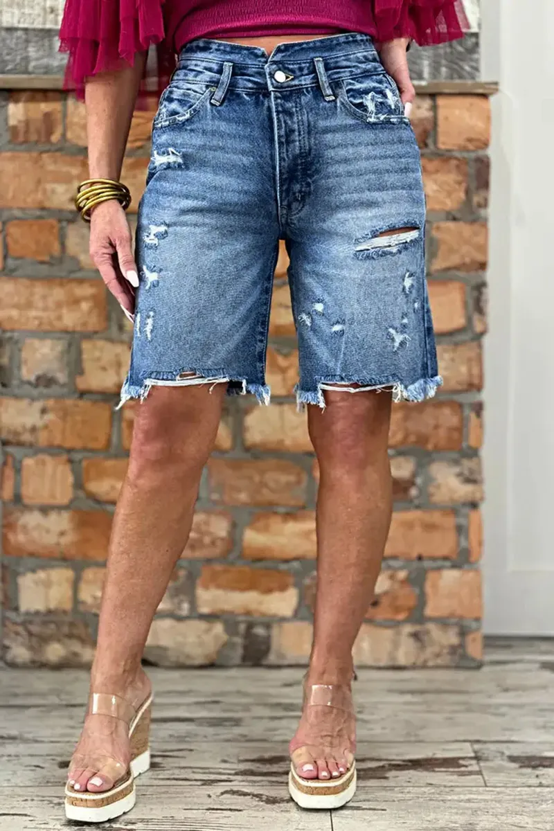 Raw Hem Ripped High Rise Bermuda Denim Shorts
