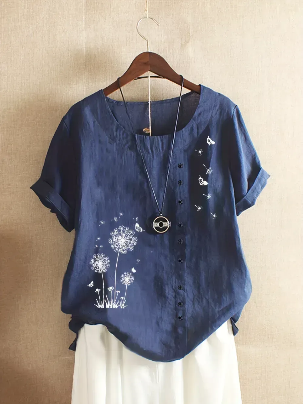 Women's Plus Dandelion Print Tee, Short Sleeve, Casual, Round Neck, Plus Size