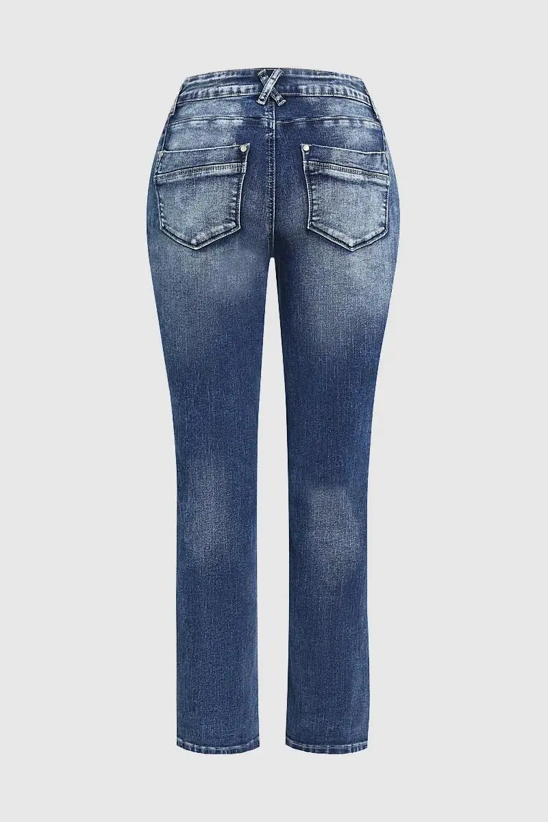 Zip Pocket Roll Hem Mid Waist Crop Jeans Without Belt