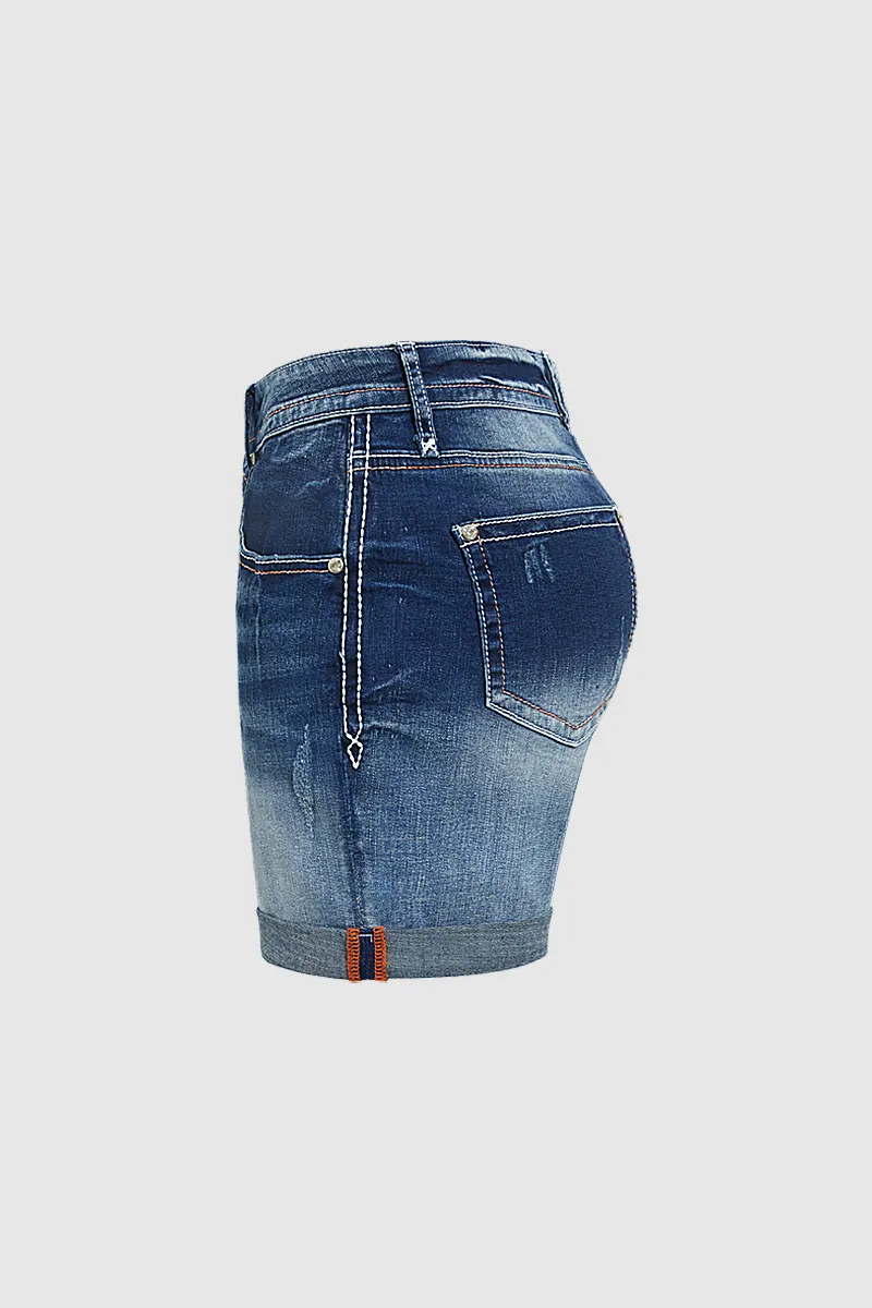 Ripped Roll Hem Low Waist Denim Mid Thigh Shorts