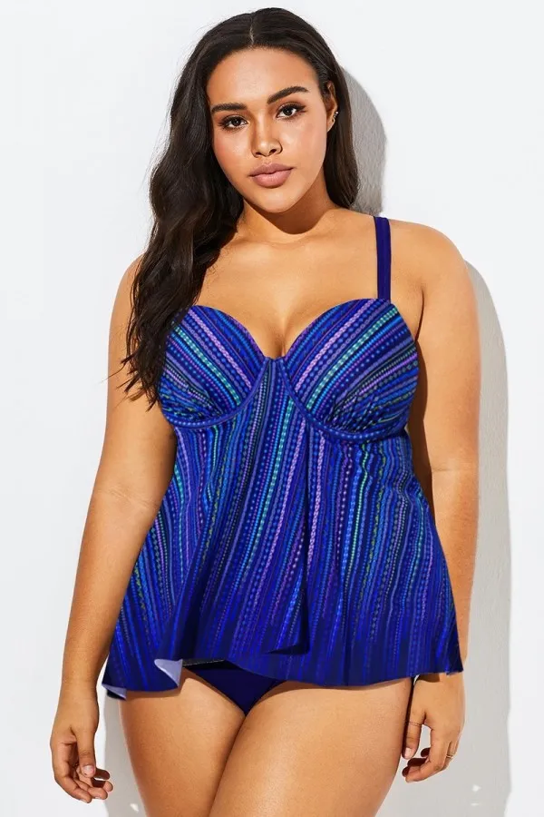 Blue Striped Flowy Sweetheart Neckline Underwire Tankini Top