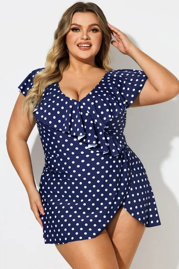 Navy Dot Beach Surplice Flounce Sleeve Swimdress