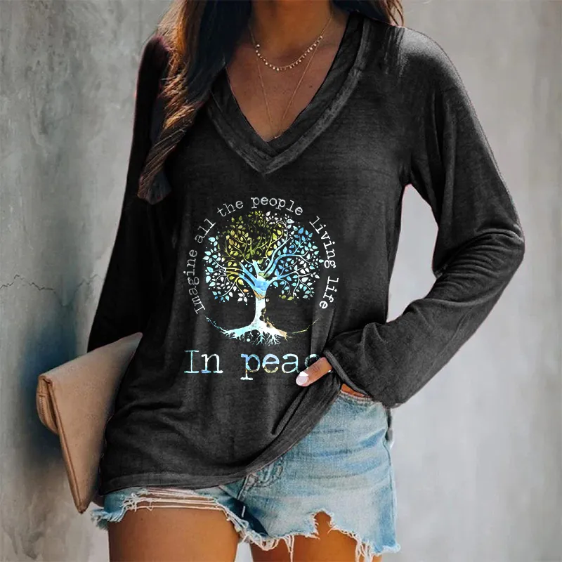Imagine All The People Living Life In Peace Printed Women's T-shirt
